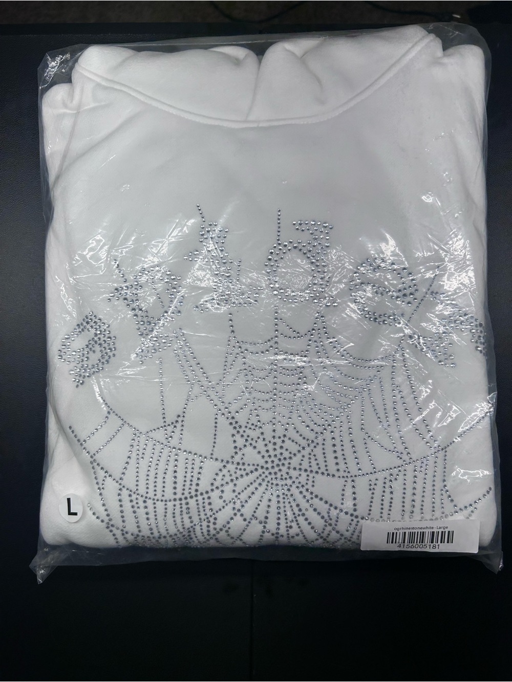 White Rhinestone Spiderweb Hoodie Sweatshirt - Men's size L